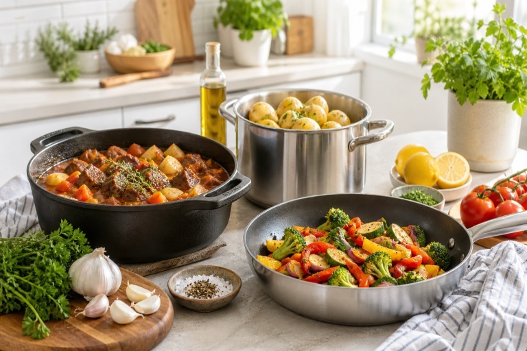 One-Pot-Gericht mit Gemüse, Reis und frischen Kräutern: schnell, bunt, sättigend